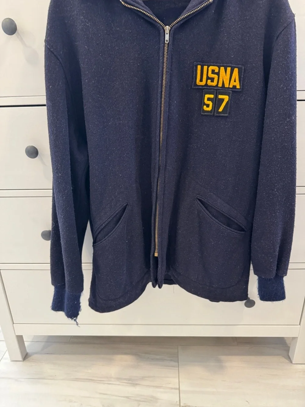 Vintage Midshipman Coat Navy Military Zip-Up Hoodie w/ Gold USNA Appliqué READ